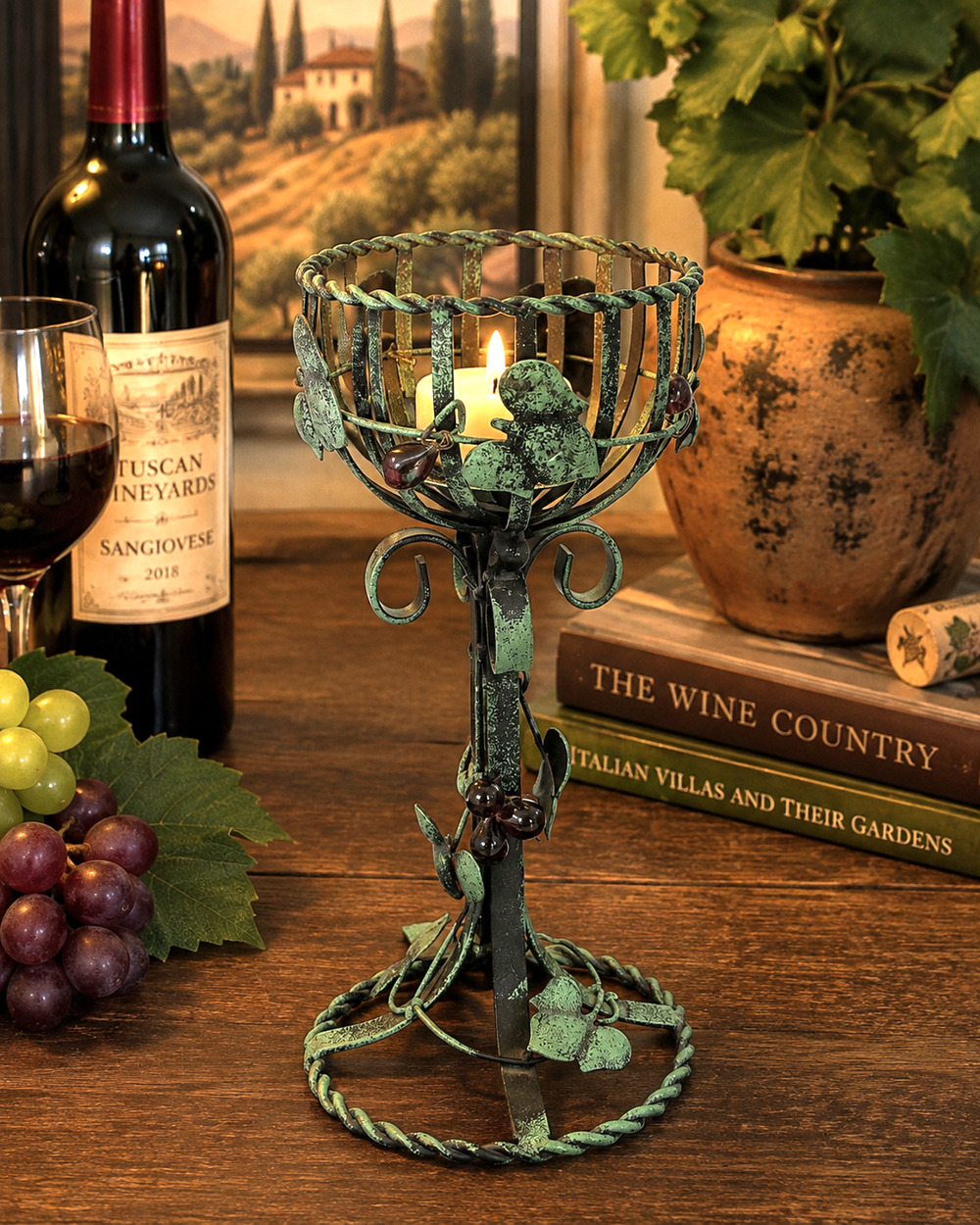 Vintage Style Grapevine Iron Tea Light Candle Holder Verdigris Tuscan Decor